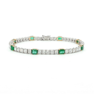 Princess Cut Diamond and Emerald Tennis Bracelet in 18K Yellow and White Gold