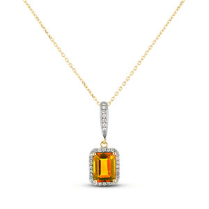 Emerald Cut Citrine and Canadian Diamond Halo Pendant in White and Yellow Gold