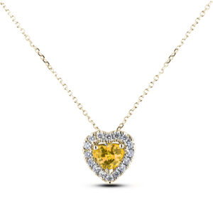 Heart Shape Yellow Sapphire and Canadian Diamond Halo Pendant in Yellow Gold