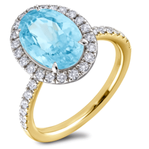Oval Cut 3.35 Carat Aquamarine and Canadian Diamond Halo Ring in Yellow Gold