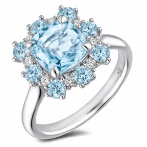 Non-Heated Aquamarine & Canadian Diamond Halo Ring in White Gold
