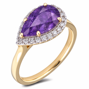 Tanzanian Origin Non Heated Purple Sapphire and Canadian Diamond East West Halo Ring in Yellow Gold