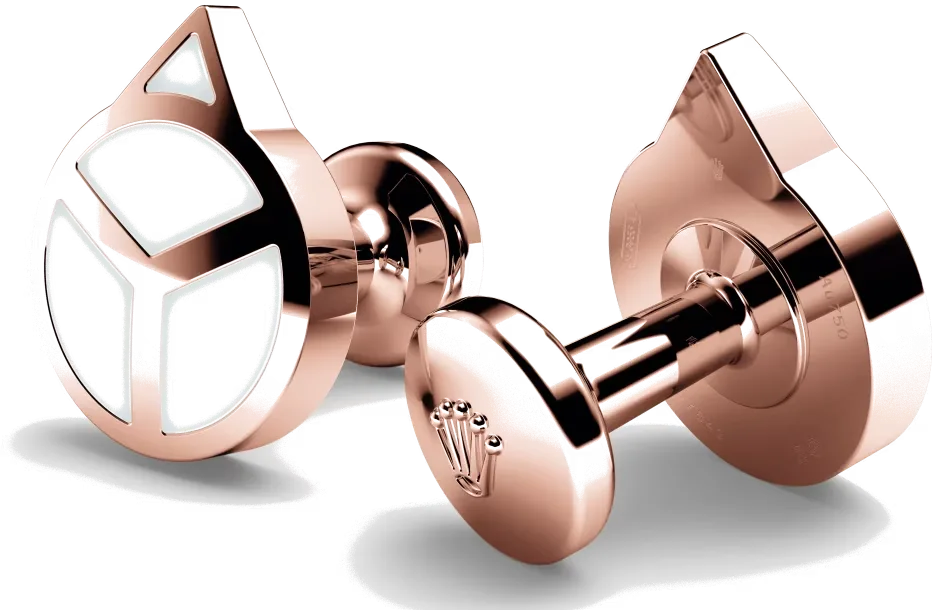 Rolex cufflinks made of 18 ct Everose gold that echo the hour hand found on Professional Rolex watches, equipped with a Chromalight display.