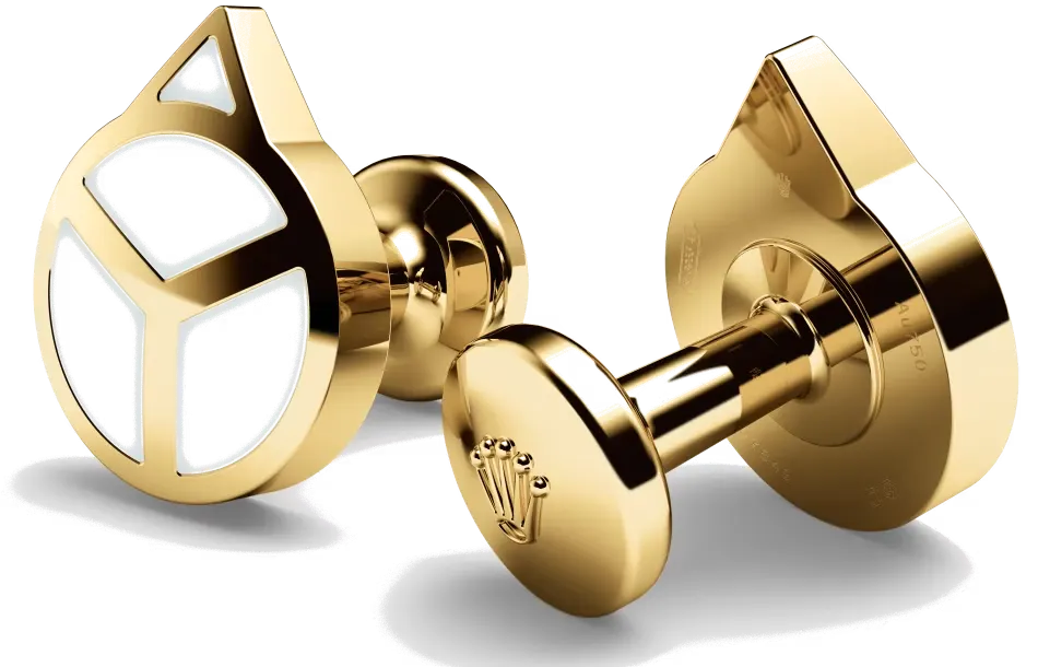 Rolex cufflinks made of 18 ct yellow gold that echo the hour hand found on Professional Rolex watches, equipped with a Chromalight display.