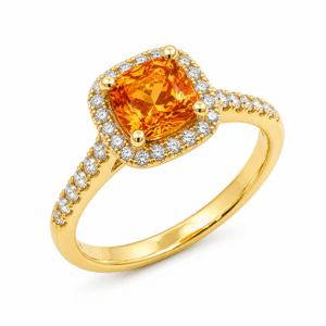 Orange Yellow Sapphire and Canadian Diamond Halo Ring In Yellow Gold