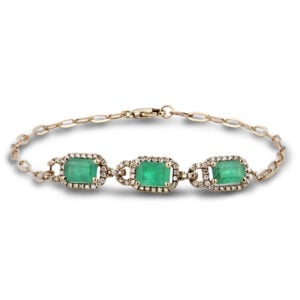 Emerald and Canadian Diamond Halo Paperclip Chain Bracelet in Yellow Gold