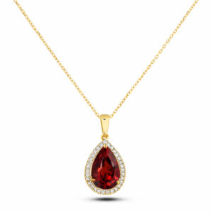 Pear Shape Garnet & Canadian Diamond Halo Pendant in Yellow Gold