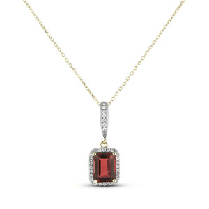 Emerald Cut Garnet and Canadian Diamond Halo Pendant in Yellow Gold