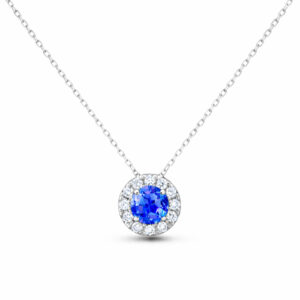 Round Cut Blue Sapphire and Canadian Diamond Halo Pendant in White Gold
