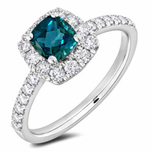 Thailand Origin Blue Sapphire & Diamond Halo Ring in 14K White Gold