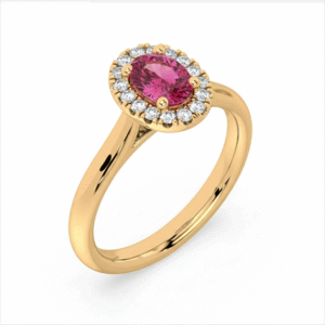 Non Heated Pink Sapphire & Canadian Diamond Halo Ring in Yellow Gold