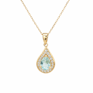 Brazilian Origin Aquamarine and Canadian Diamond Halo Drop Pendant in Yellow Gold