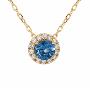 Round Cut Blue Sapphire and Canadian Diamond Halo Pendant in Yellow Gold