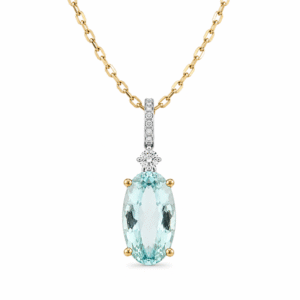 Canadian Diamond and Oval Shaped Aquamarine Drop Pendant in Yellow and White Gold