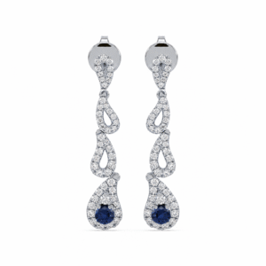Art Deco Blue Sapphire & Canadian Diamond Halo Dangle Drop Earrings in White Gold
