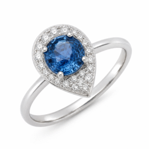 Canadian Diamond Pear Shaped Halo and Blue Sapphire Ring in White Gold