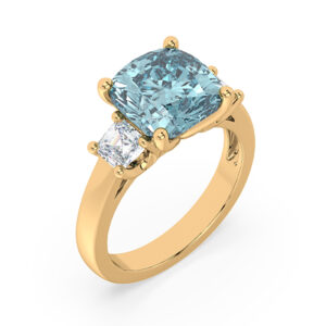 Brazilian Origin Aquamarine and Ideal Cut Canadian Diamond Trilogy Ring in Yellow Gold