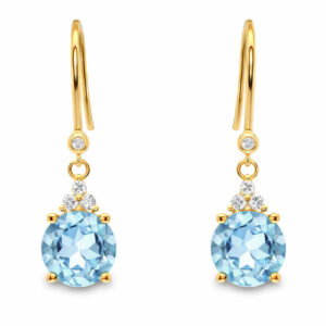 Round Aquamarine and Canadian Diamond Drop Earrings in Yellow Gold