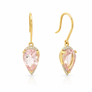 Pear Shaped Morganite and Canadian Diamond Dangle Earrings Yellow Gold