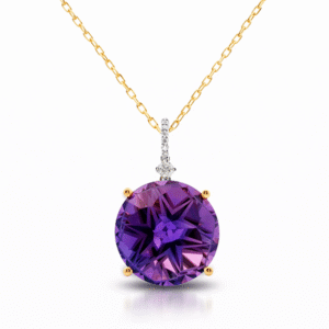 Round Cut Amethyst and Canadian Diamond Pendant in Yellow and White Gold