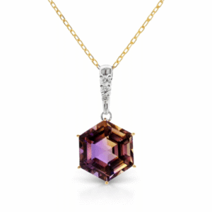 Hexagon Cut Ametrine and Canadian Diamond Pendant in Yellow and White Gold