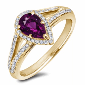 Pear Shape Rhodolite Garnet and Canadian Diamond Halo Ring in Yellow Gold