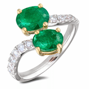 Emerald You and Me Ring With Diamond Accents In 18K White and Yellow Gold