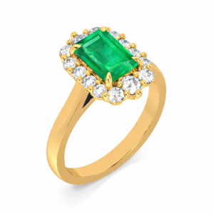 Emerald Ring With Canadian Diamond Halo in Yellow Gold