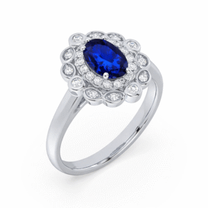 Oval Shaped Blue Sapphire and Canadian Diamond Art Deco Ring in White Gold