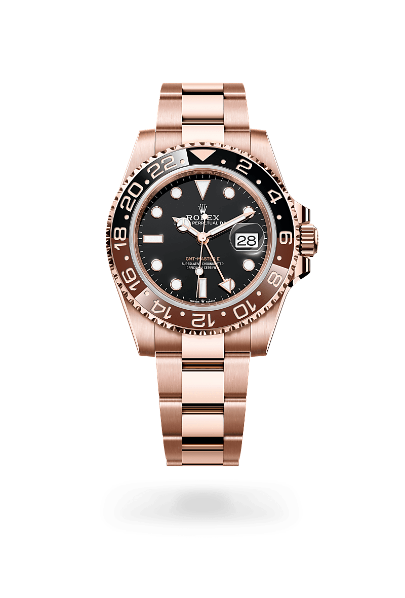 Rolex GMT-Master II in 18 ct Everose gold with Black dial, Bidirectional rotatable 24-hour graduated bezel. Two-colour brown and black Cerachrom insert in ceramic, moulded numerals and graduations bezel, and Oyster, three-piece solid links bracelet