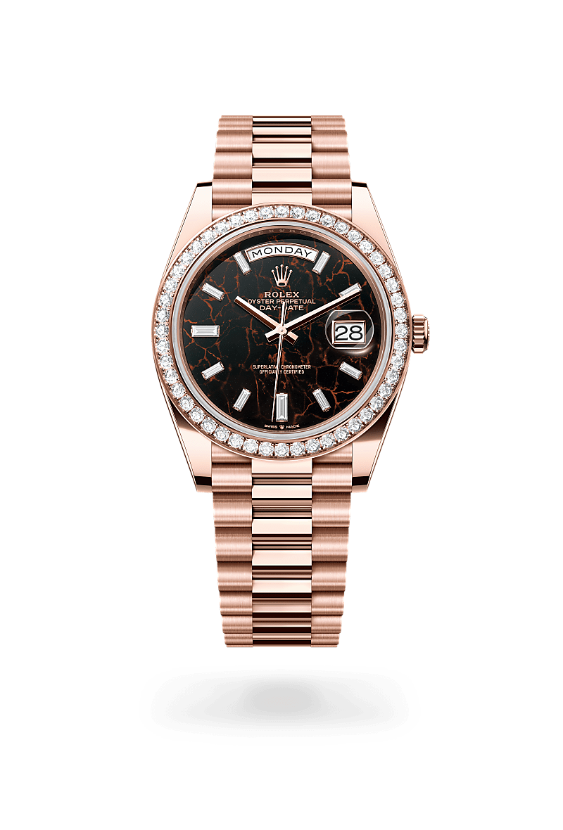 Rolex Day-Date in 18 ct Everose gold with Eisenkiesel set with diamonds dial, Set with diamonds bezel, and President, semi-circular three-piece links bracelet