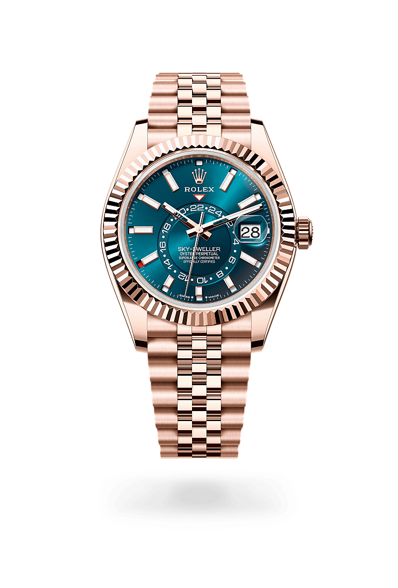 Rolex Sky-Dweller in 18 ct Everose gold with Blue-green dial, Fluted, bidirectional rotatable Rolex Ring Command bezel, and Jubilee, five-piece links bracelet