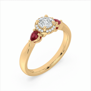 Pear Shaped Ruby and Canadian Diamond Halo Ring in Yellow Gold