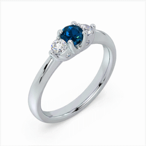 Blue Sapphire and Canadian Diamond Three Stone Ring With Hidden Details in White Gold