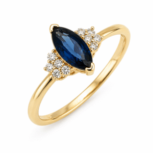 Marquise Shaped Blue Sapphire and Canadian Diamond Accent Ring in Yellow Gold