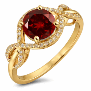 Garnet and Canadian Diamond Halo Twist Ring in Yellow Gold