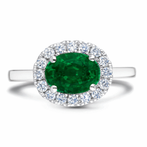 Oval Shaped Emerald and Canadian Diamond Halo Ring in White Gold