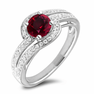 Thailand Origin Ruby and Canadian Diamond Double Row Swirl Halo Ring in 14K White Gold
