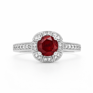 Floral-Inspired Ruby and Diamond Cluster Halo Ring in 14K White Gold
