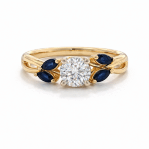 Canadian Diamond Ring with Marquise Blue Sapphire Accents in Yellow Gold