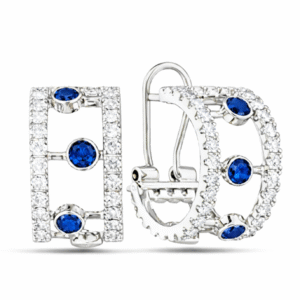 Thailand Origin Blue Sapphire and Diamond Hoop Earrings in 18K White Gold