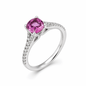 Ceylon Origin Non-Heated Pink Sapphire and De Beers Forevermark Diamond Split Engagement Ring in 14K White Gold