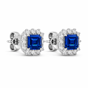 Ascher Cut Blue Sapphire and Diamond Stud Earrings in 18K White Gold
