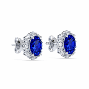 Vintage Inspired Blue Sapphire 2.78 Carat TW and Canadian Diamond Halo Stud Earrings in White Gold