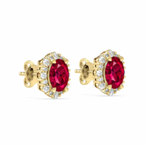 Vintage Inspired Ruby and Canadian Diamond Halo Stud Earrings in Yellow Gold