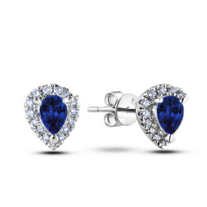 Blue Sapphire and Diamond Halo Stud Earrings In 18K White Gold