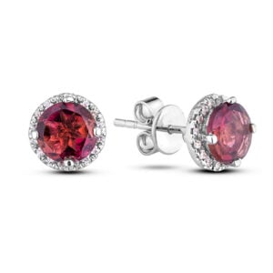 Ruby and Canadian Diamond Halo Earrings in 14K White Gold