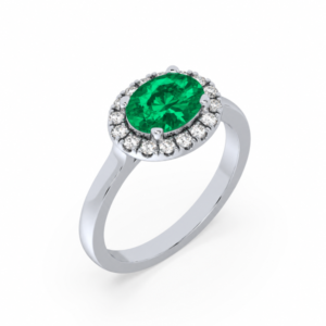 Oval Shaped Emerald and Canadian Diamond Halo Ring in White Gold