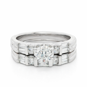 De Beers Forevermark 1.20 Carat TW Diamond Bridal Set With Baguette Side Stones in 18K White Gold
