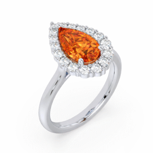 Pear Shaped Orange Sapphire 2.97 Carat and De Beers Forevermark Diamond Halo Ring in 14K White Gold
